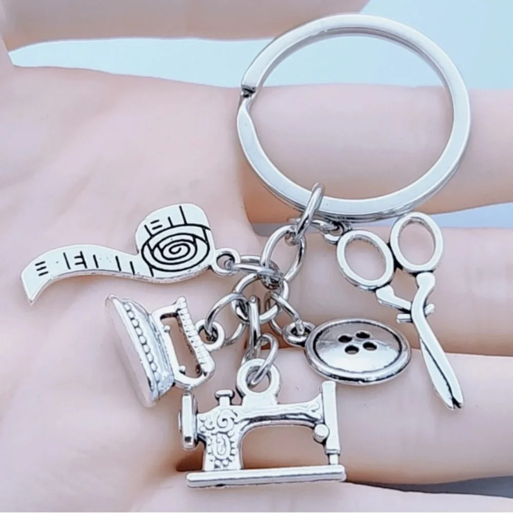 SEWING TOOLS Silvertone Keychain Bag Charm